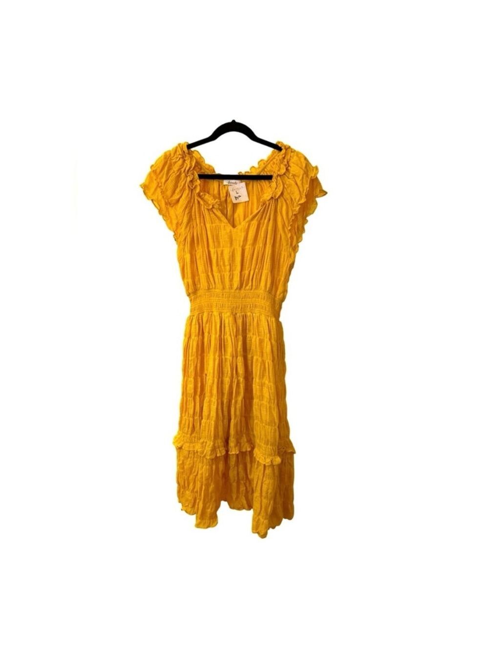 Faveur Boutique Butter Yellow Boho Smocked Midi Dress Size L NWT